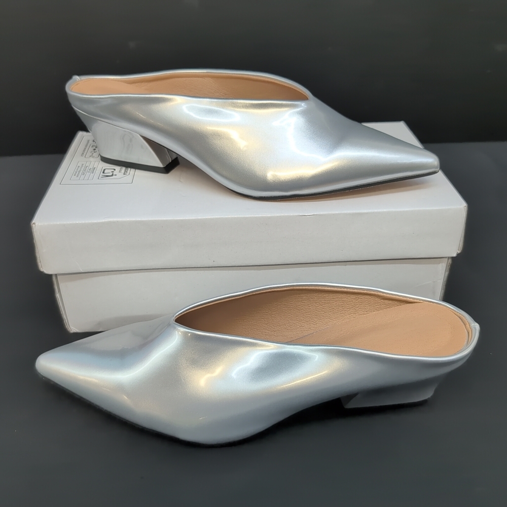 Women's Pointed Toe Low Block Heel Slip On Mules Shoes 9.5 Silver